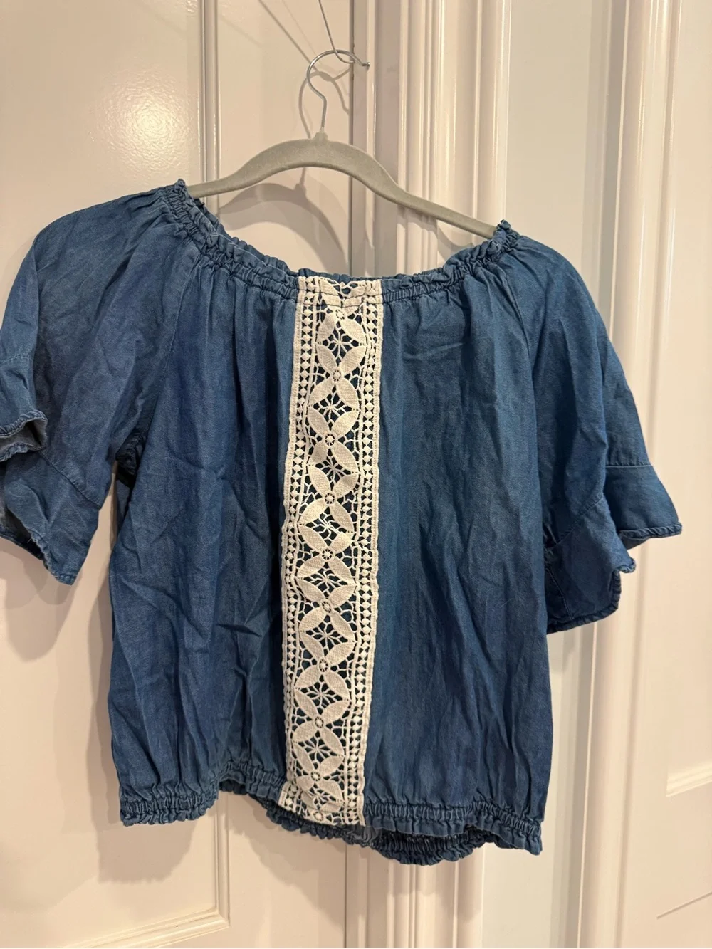 Justice Blue Off-Shoulder Tunic with Cream Crochet Panel